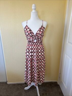 LOFT Pink and Brown Floral Tiered Midi Dress. Beach or casual wear.